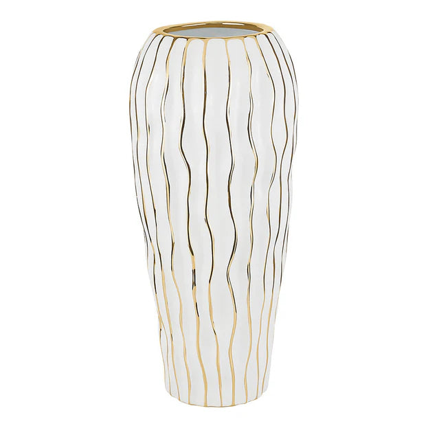 Elegant White Porcelain Vase with Gold Wavy Design