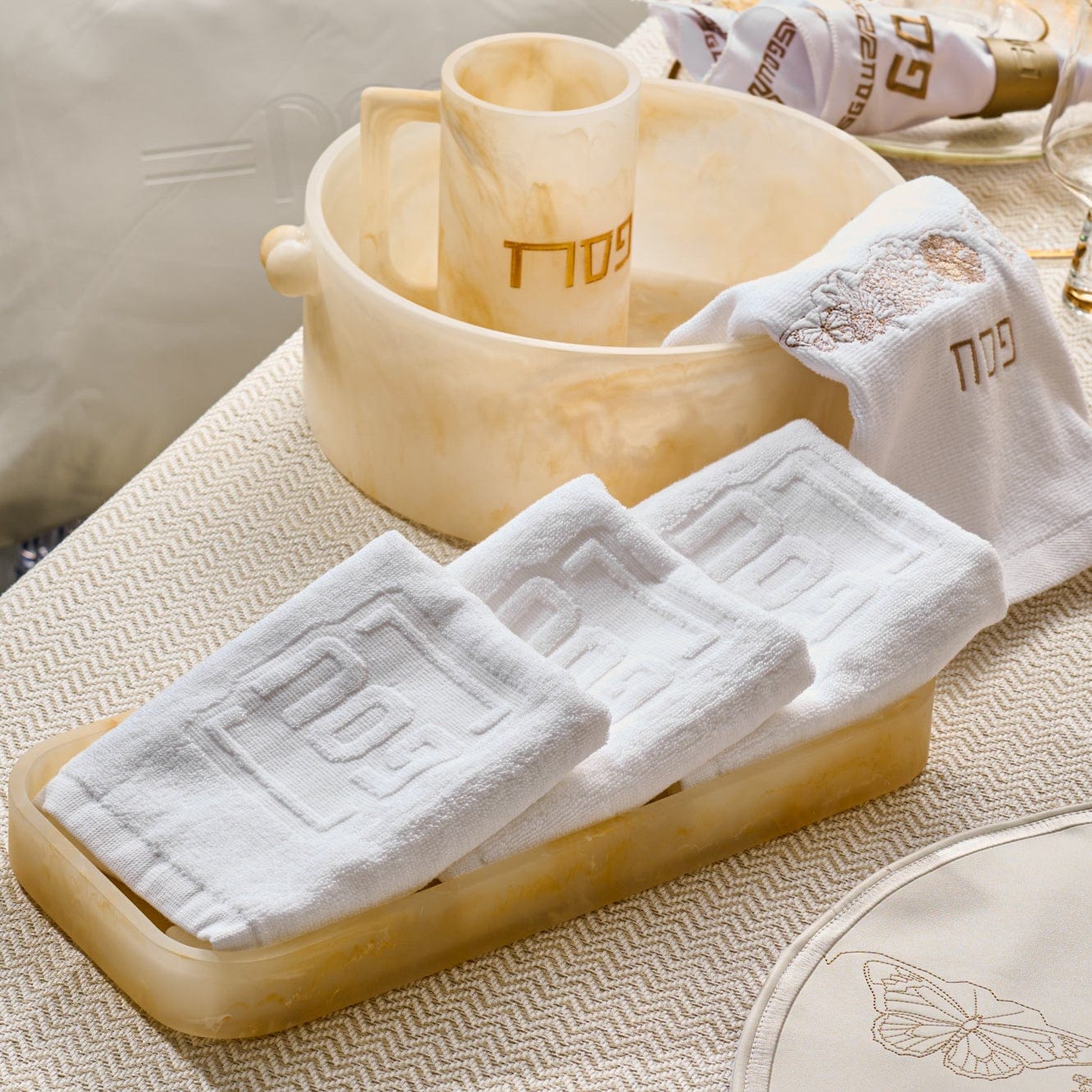 Gold Resin Pesach Towel Tray Set