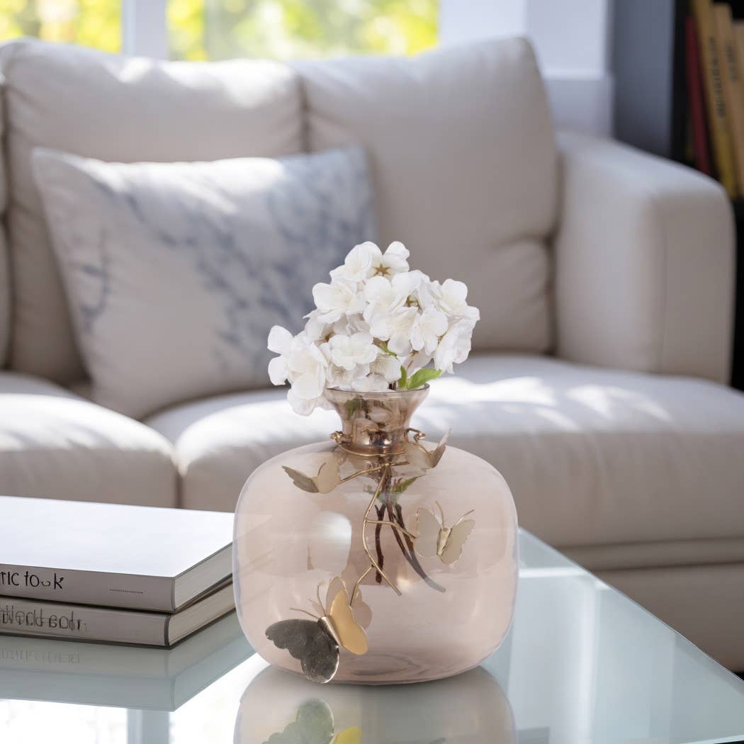Gold Glass Modern Round Vase with Butterfly Garland