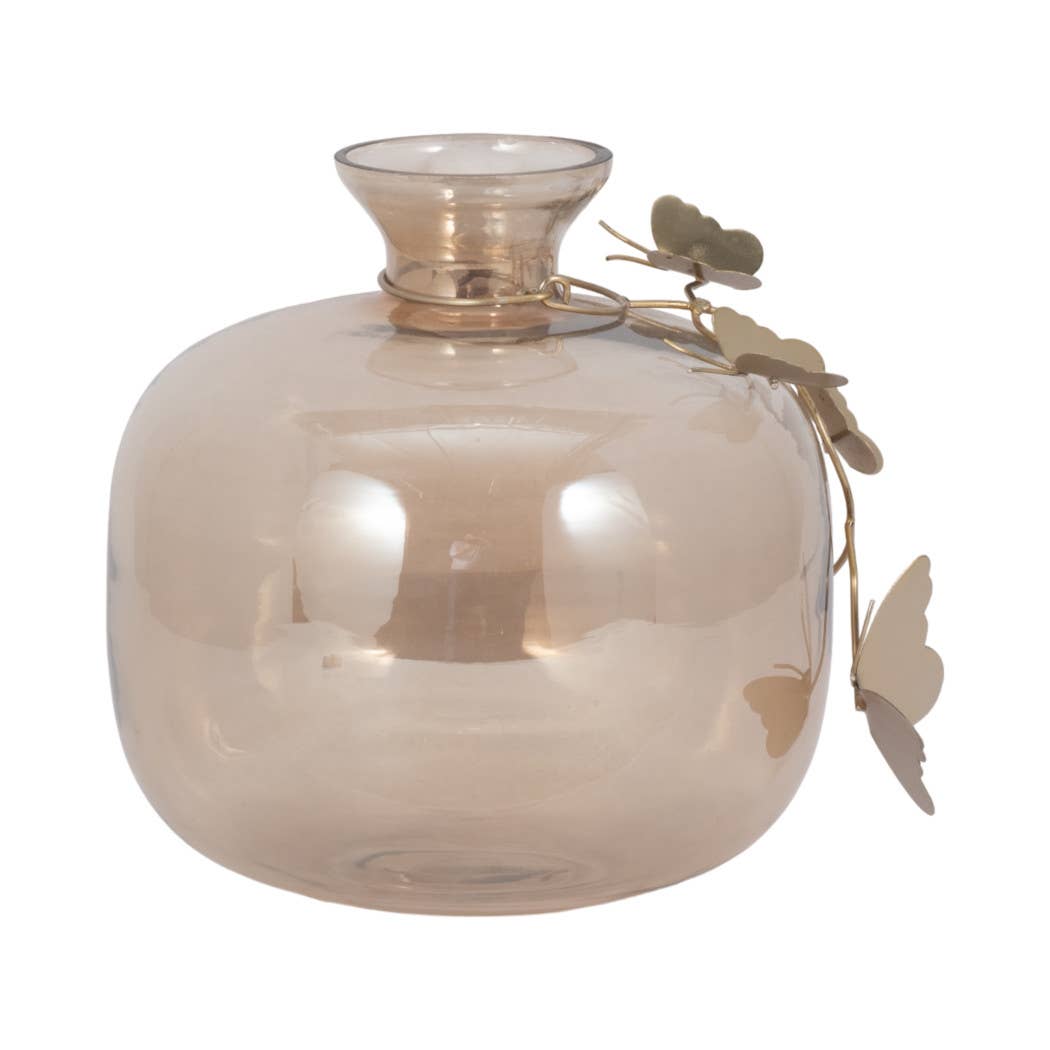 Gold Glass Modern Round Vase with Butterfly Garland