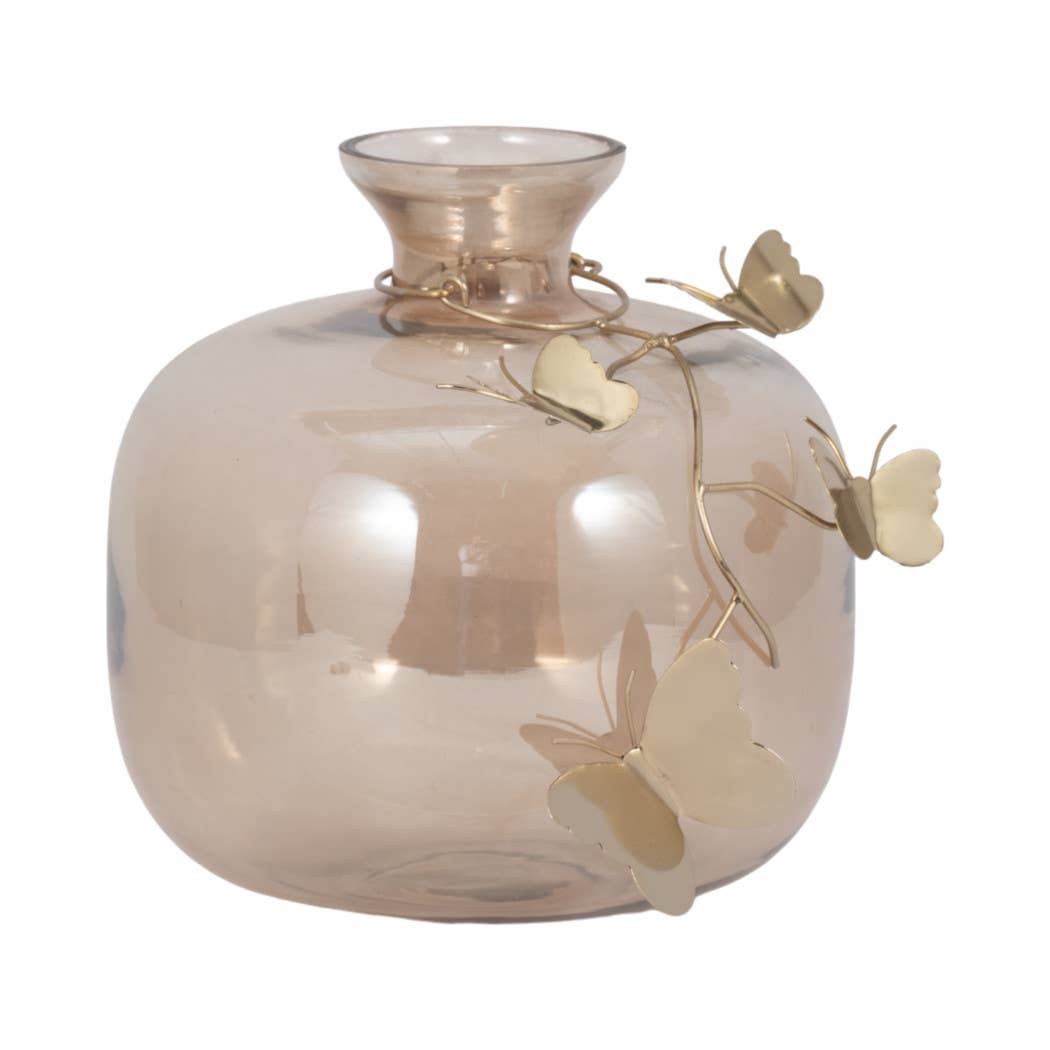 Gold Glass Modern Round Vase with Butterfly Garland