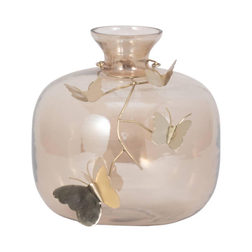 Gold Glass Modern Round Vase with Butterfly Garland
