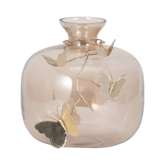 Gold Glass Modern Round Vase with Butterfly Garland