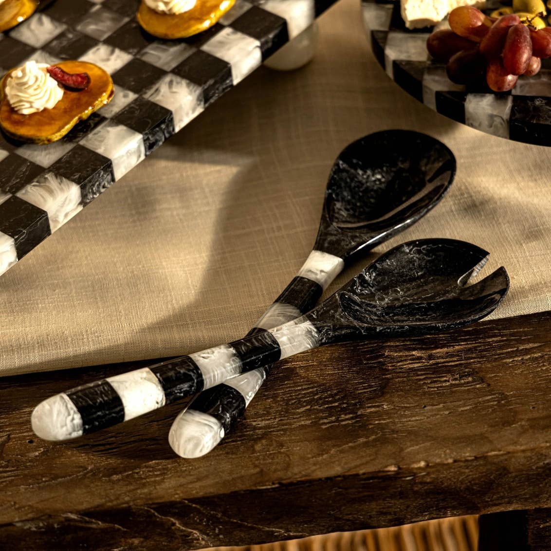 Lucente Black & White Striped Salad Servers