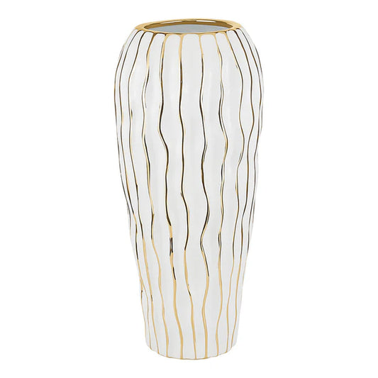 Elegant White Porcelain Vase with Gold Wavy Design