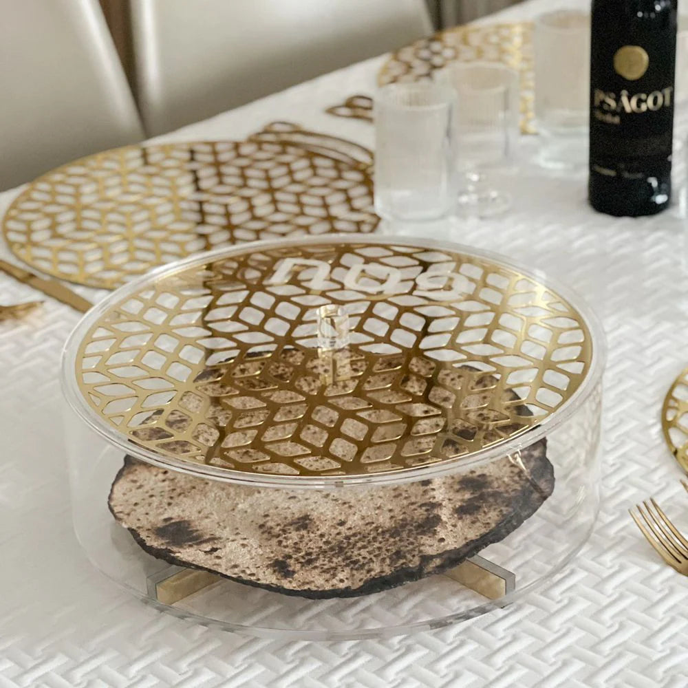 Gold Lucite Laser Cut Round Matzah Box