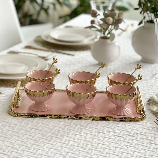 Porcelain Dessert Mugs with Tray, Pink/Gold