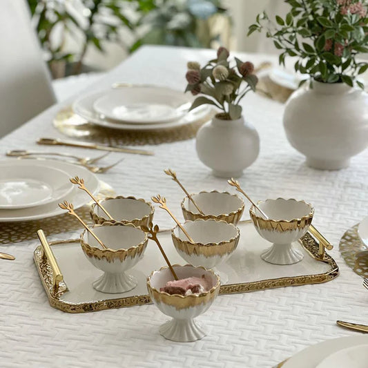 Porcelain Dessert Mugs with Tray, White/Gold