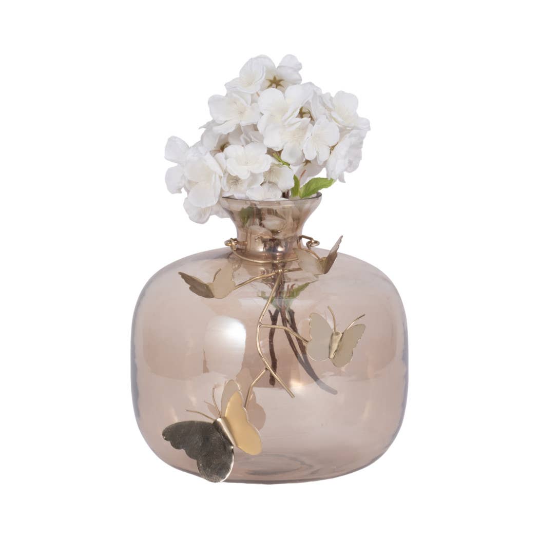 Gold Glass Modern Round Vase with Butterfly Garland