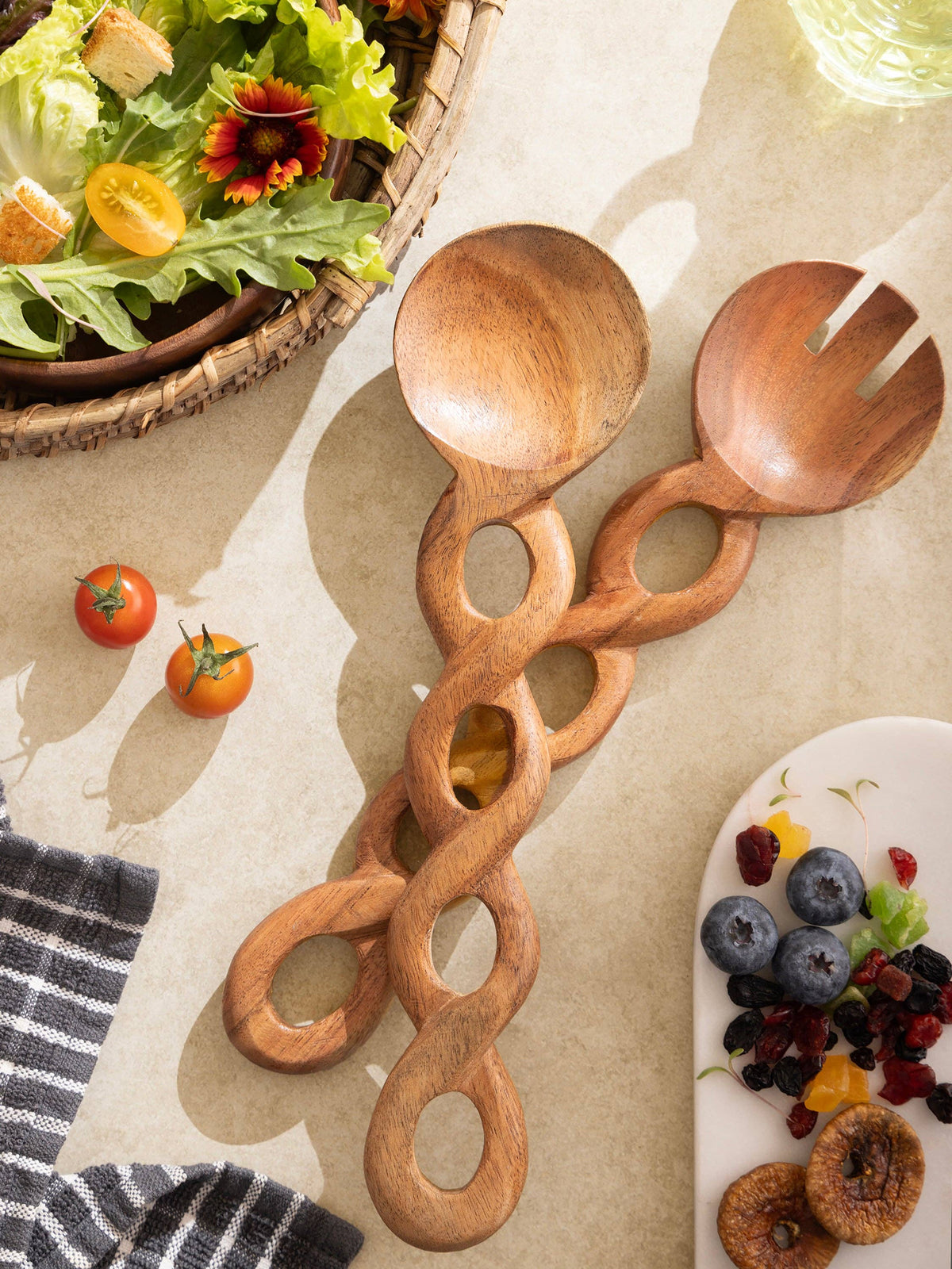 Valencia Carved Wood Salad Servers — Set of 2